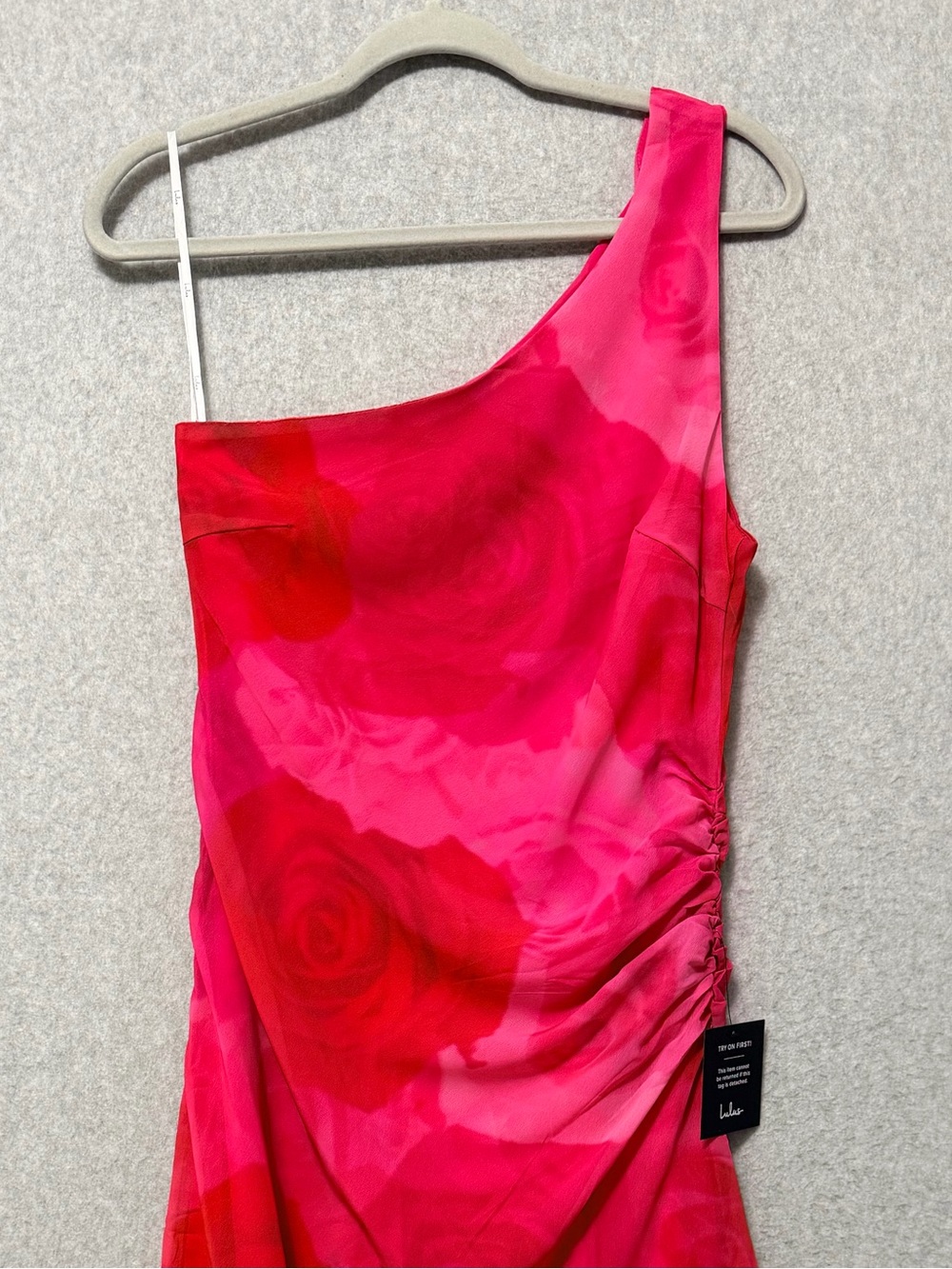 Lulus Pretty Serene Floral One Shoulder Asymmetrical Midi Dress NWT Medium Pink - Picture 5 of 10